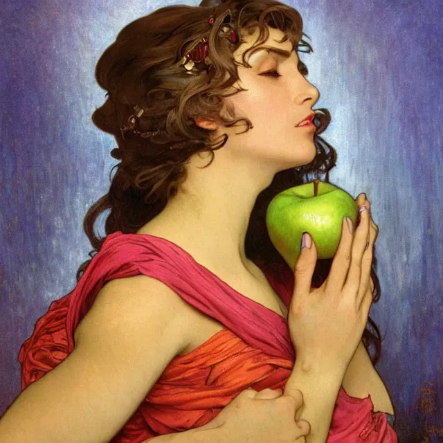 Image similar to an aesthetic! detailed close - up portrait of an aesthetic woman crying mournfully while holding an apple, by frank frazetta and alphonse mucha, oil on canvas, bright colors, art nouveau, epic composition, dungeons and dragons fantasy art, hd, god - rays, ray - tracing, crisp contour - lines, huhd - 8 k