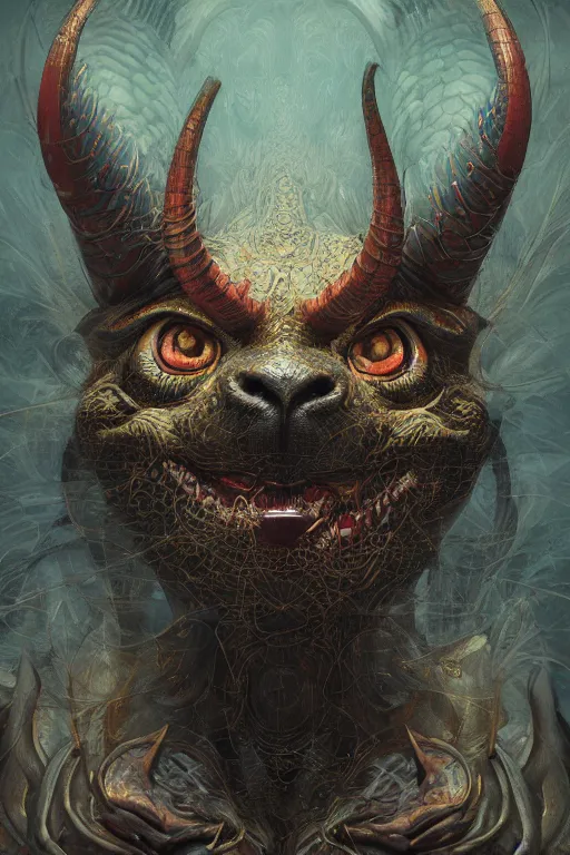 Image similar to a portrait of a bangkok devil animal illustrated by miyazaki by karol bak, james jean, tom bagshaw, rococo, sharp focus, trending on artstation, cinematic lighting, hyper realism, octane render, 8 k, hyper detailed, vivid, ultra detailed, highly detailed