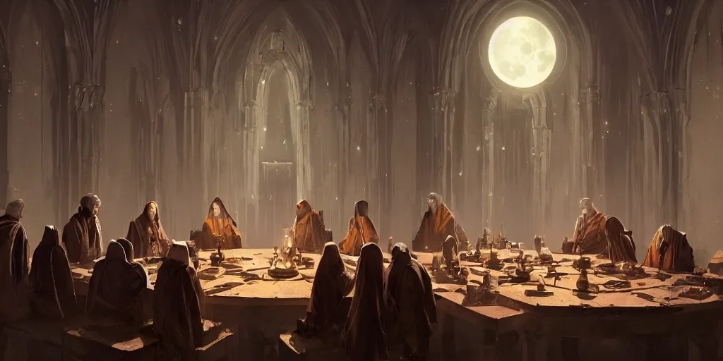 Prompt: A meeting of the council of elders, robed figures sat around a table, beautiful architecture, night time, stars visible, beautiful moon light, concept art, fantasy art, painted by Greg Rutkowski, trending on artstation