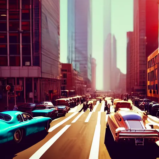 Image similar to street scene, retro futuristic vintage shiny polished traffic mainly cars and motorcycles, volumetric lighting, beautiful, day time, spring, sunny weather, sharp focus, highly detailed, photorealistic, 4 0 0 0 k, f 1. 4, cgsociety