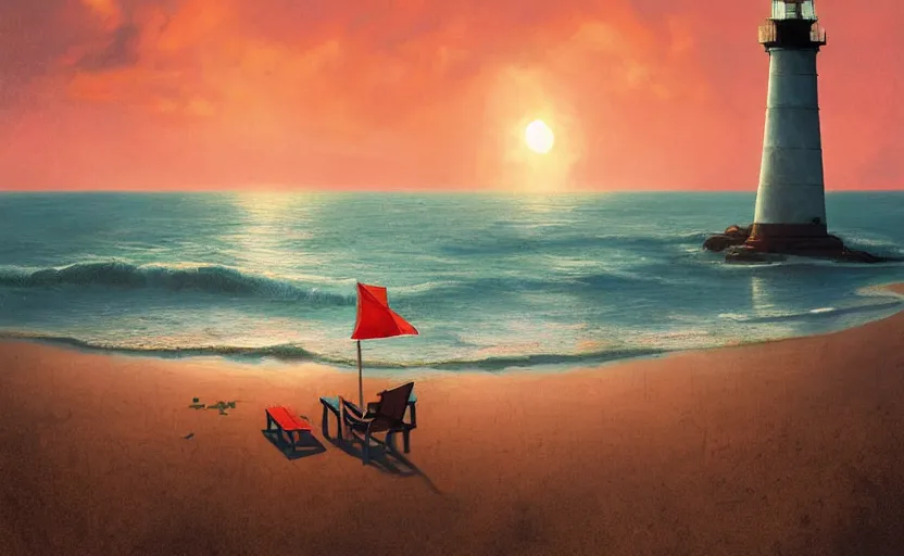 Prompt: painting of a beach chair at sunset with a lighthouse in background, natural light, concept art, by greg rutkowski, cozy atmospheric and cinematic lighting