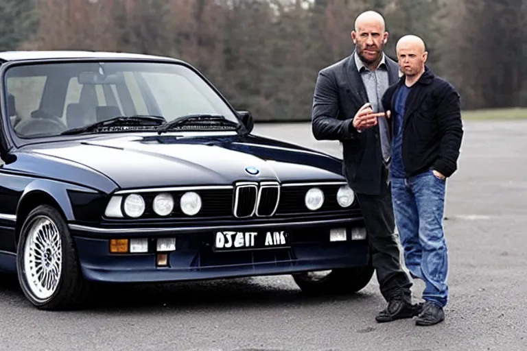 Image similar to giant Jason Statham picks up a BMW e30