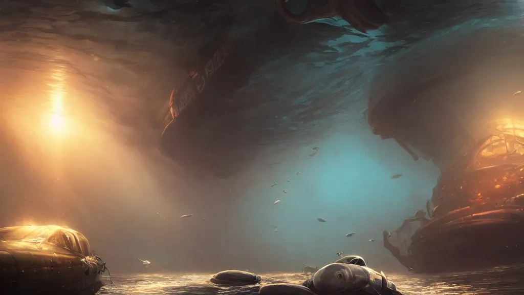 Image similar to a photorealistic hyperrealistic underwater render of a deep sea submersible with bright headlights attacked by a giant squid by greg rutkowski, james paick, wlop, nicolas bouvier sparth, stephan martiniere, dramatic moody lighting, underwater caustics, volumetric, light rays, cinematic atmosphere, octane render, artstation, 8 k