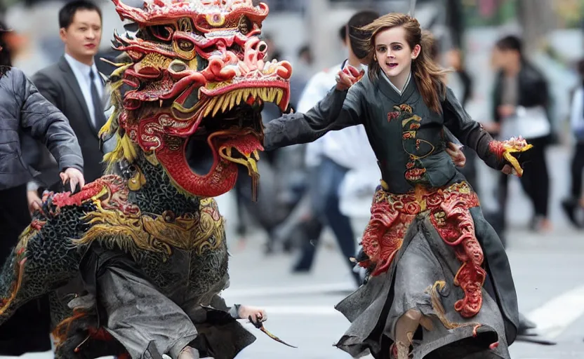 Image similar to Emma Watson riding a Chinese dragon