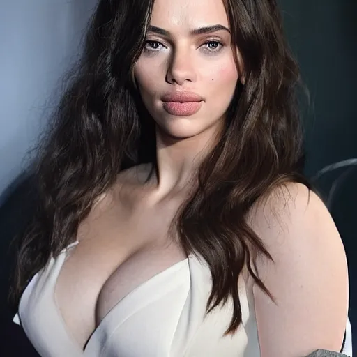 Image similar to a woman who is a genetic combination of kim kardashian and kat dennings and scarlett johansson and margot robbie and emma watson, face and upper - body focus, detailed eyes