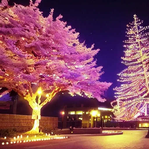 Image similar to beautiful anime tree at night with lots of lights and a tori gate