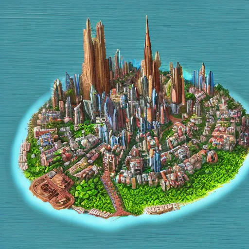 Prompt: Large Fantasy City in the middle of an island in the ocean, city plans