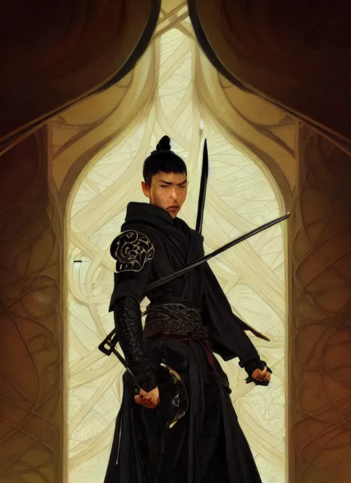 Prompt: portrait of an Japanese warrior, muscular, black leather robes! intricate, elegant, highly detailed, digital painting, artstation, concept art, smooth, sharp focus, illustration, art by artgerm and greg rutkowski and alphonse mucha