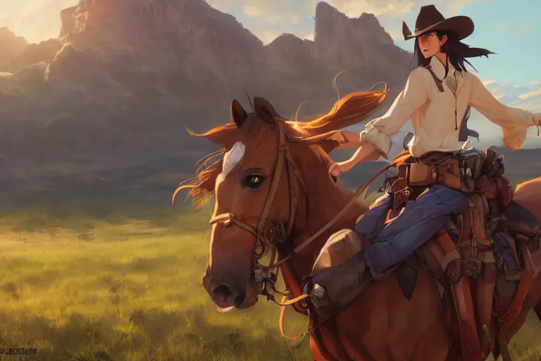 Image similar to western cowgirl, single subject, scenic full shot, ambient lighting, detailed face, by makoto shinkai, stanley artgerm lau, wlop, rossdraws