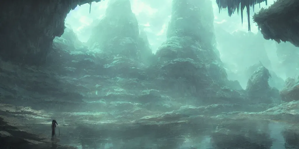 Image similar to an eerie deep cave landscape by makoto shinkai