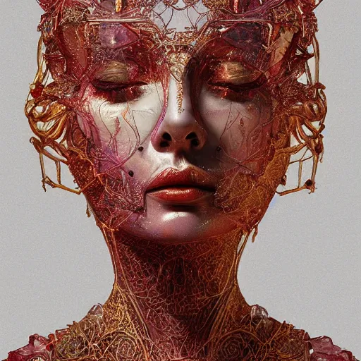 Prompt: abstract highly detailed female sculpture drawing made of white marble and red crystals quartz and minerals, ethereal lights, fine details, artstation, digital paint, rim light, cinematic photoshooting, illustration, 8 k, intricate golden filigree, octane render, hypperrealistic painting, abstract liquid acrylic art, painting by james gilleard and minna sundberg