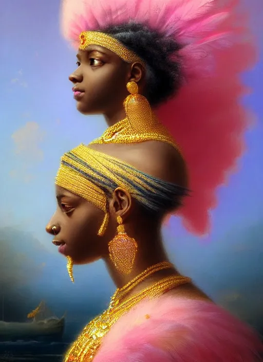 Image similar to stunning african godess princess, detailed pink and white feathers head peace against a black backdrop by ivan aivazovsky, 3 / 4 view portrait, wlop, super sharp details, photorealism, canon 5 d, 5 0 mm lens, stunning photoshot, beautiful soft lighting, muted colours, artstation