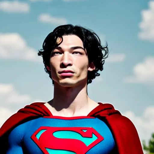 Prompt: Ezra Miller as Superman, real photo