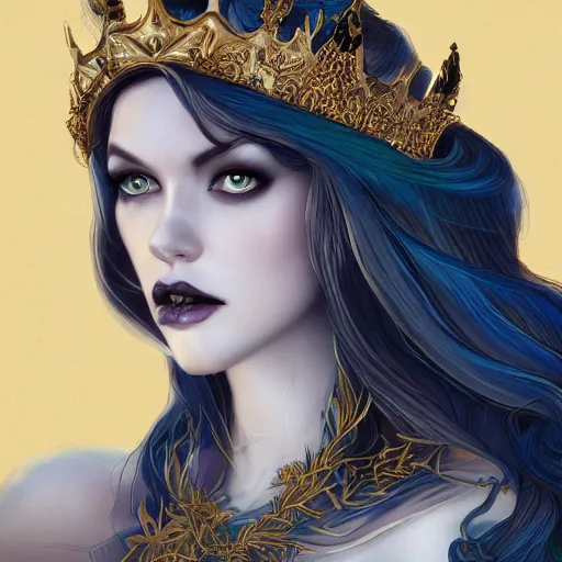 Image similar to detailed portrait of the dark queen of snakes, realism, dim moonlight, pale blue, emerald, sapphire, wearing a crown of vines and vipers, dark fantasy illustration, dramatic lighting, cgsociety, artstation