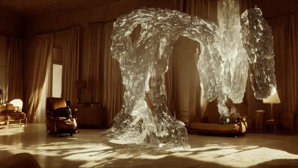 Image similar to a giant hand made of wax and water floats through the living room, film still from the movie directed by Denis Villeneuve with art direction by Salvador Dalí, wide lens