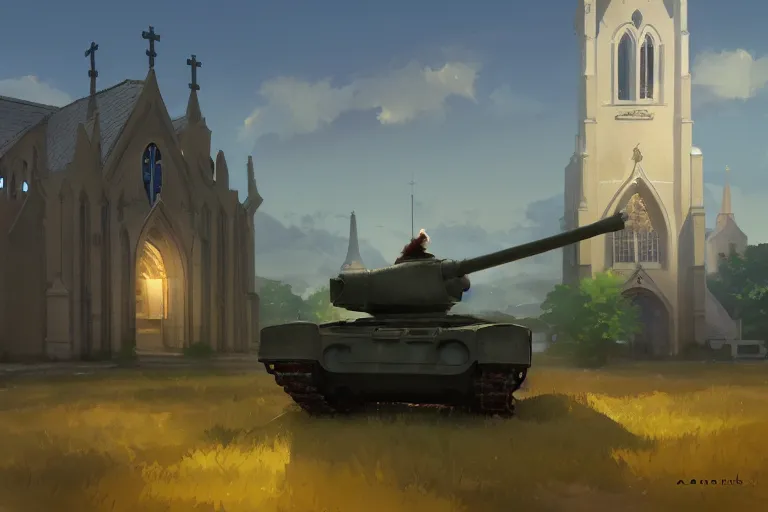 Image similar to a tank with a church as tower, scene in an open field. key visual, conceptart, ambient lighting, highly detailed, digital painting, artstation, concept art, sharp focus, by makoto shinkai and akihiko yoshida and greg manchess