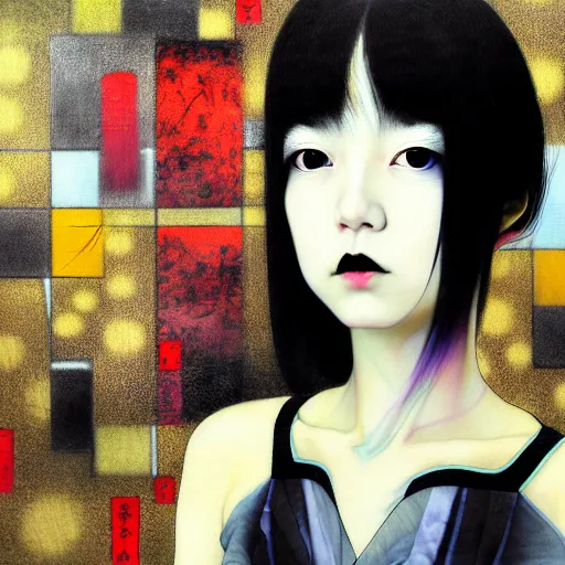 Image similar to yoshitaka amano blurred and dreamy realistic three quarter angle portrait of a young woman with black lipstick and black eyes wearing dress suit with tie, junji ito abstract patterns in the background, satoshi kon anime, noisy film grain effect, highly detailed, renaissance oil painting, weird portrait angle, blurred lost edges