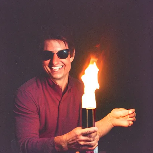 Prompt: photo of tom cruise holding a tiki torch cinestill, 8 0 0 t, 3 5 mm, full - hd