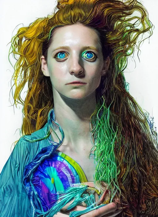 Prompt: surrealism psychedelic full body portrait sketch of thomasin mckenzie as delirium of the endless in fishnet top and rainbow tutu skirt from the sandman, floating goldfish, green and blue eye heterochromia by alex ross, josh kirby, detailed, elegant, intricate