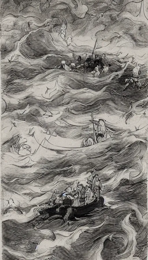 Image similar to man on boat crossing a body of water in hell with creatures in the water, sea of souls, by qian xuan