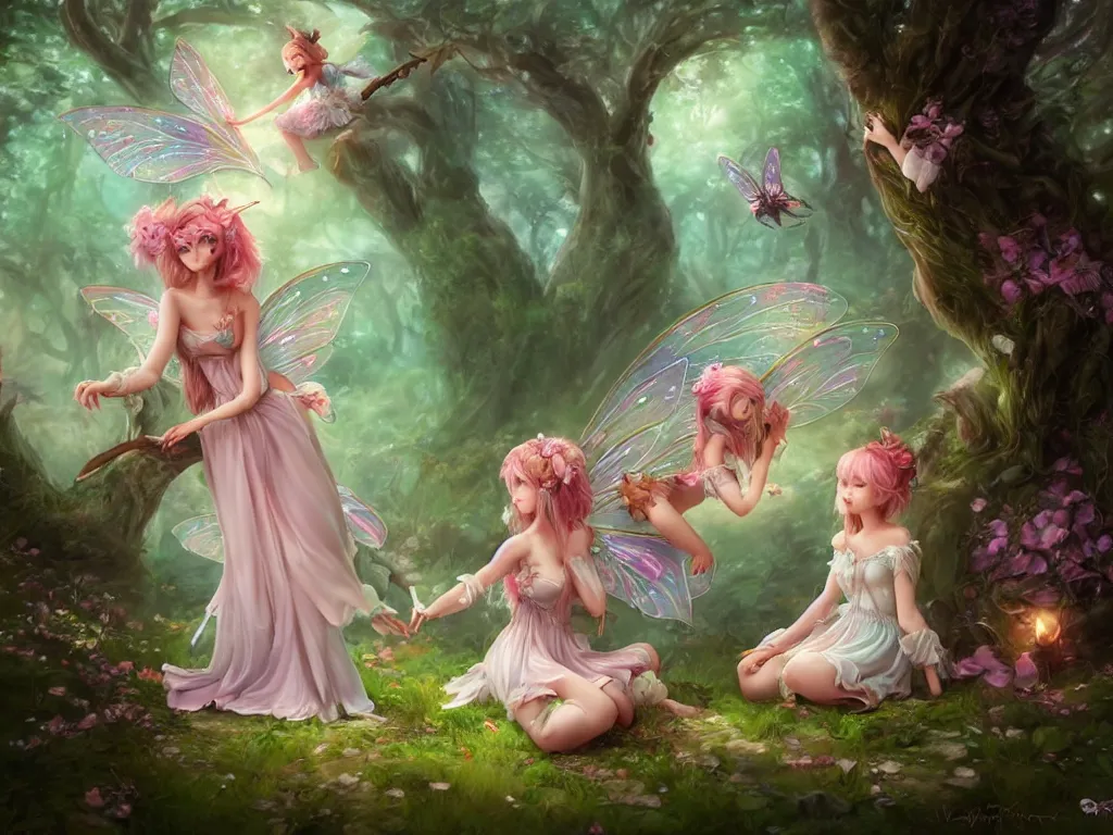 Image similar to two cute fairy in the dreamy forest, fantasy, dreamlike, 8 k resolution, hyper detailed, d & d, character design, digital painting, trending on artstation, sharp focus, illustration, art by artgerm, viktoria gavrilenko, hoang lap, fuji choko, steve zheng