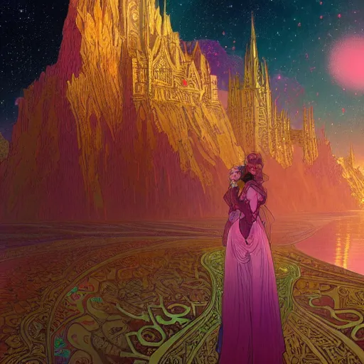 Prompt: a beautiful highly detailed digital art of colorful castle nebulas by, moebius, alphonse mucha, stars in the background, highly detailed, intricate design, cinematic view, 8 k resolution, octane render, matte painting, trending on artstation