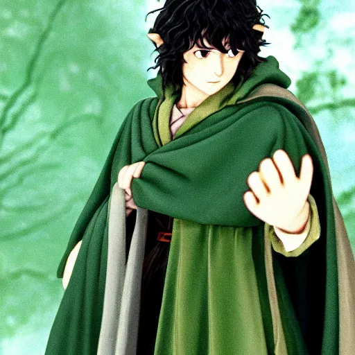 Prompt: peregrin took from the anime lord of the rings (1986), dark hair, green cape, hobbit, studio ghibli, very detailed, realistic