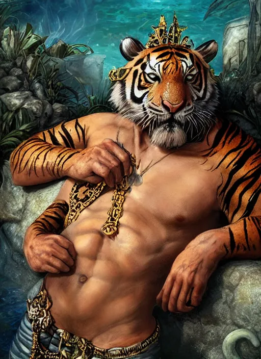 Prompt: muscular Atlantean king Rauw Alejandro grinning and wearing cholo sunglasses and a heavy bejeweled gold crown reclining poolside with a beautiful tiger, steelpunk, ghibli studio, nekro, Tom Bagshaw, Craig Mullins, octane 8k, by brian froud, Trending on ArtStation