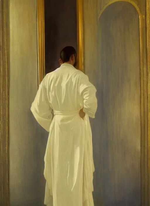 Prompt: an oil painting of a tall person in flowing white robes standing in a hazy, gloomy, dark room, art nouveau in the style of john singer sargent, greg rutkowski, maxfield parrish and alphonse mucha