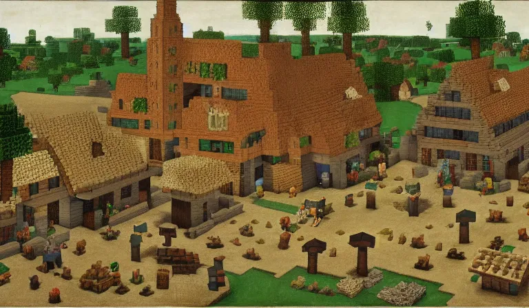 Prompt: a minecraft village, by pieter bruegel the elder