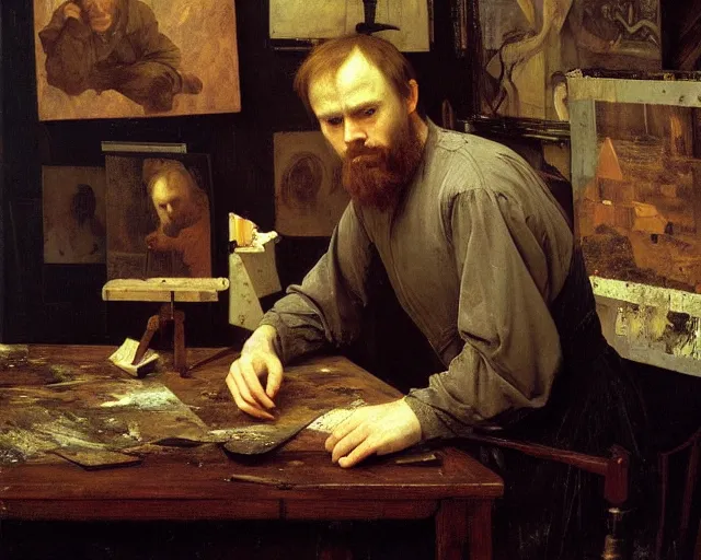 Image similar to dostoyevsky as an exhausted painter in his dimly lit studio by edgar maxence and caravaggio and michael whelan, intricate painting, hyper realistic, extremely detailed and beautiful aesthetic face, 8 k resolution
