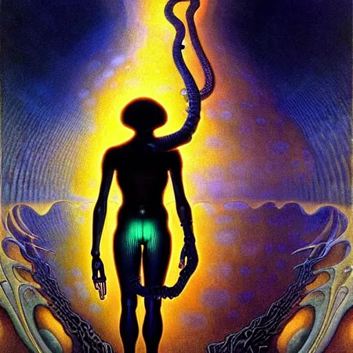 Image similar to realistic extremely detailed portrait painting of a glowing male silhouette, futuristic sci-fi landscape on background by Jean Delville, Amano, Yves Tanguy, Alphonse Mucha, Ernst Haeckel, Edward Robert Hughes, Roger Dean, rich moody colours, blue eyes