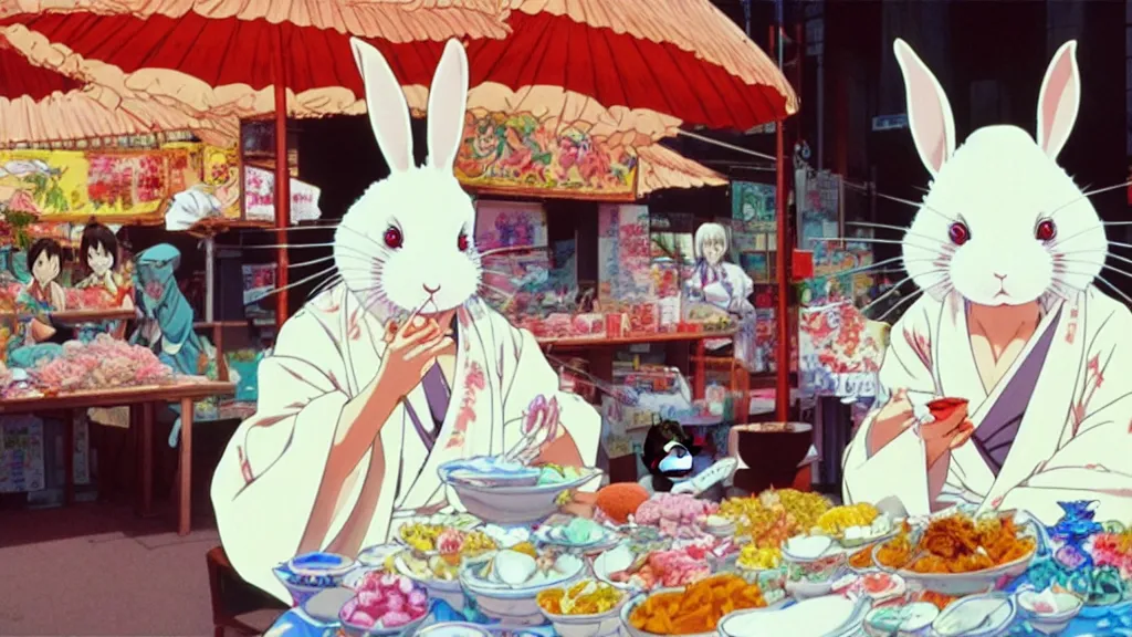 Prompt: a huge white rabbit wearing a geisha robe eating at the street market, anime film still from the an anime directed by Katsuhiro Otomo with art direction by Salvador Dalí, wide lens