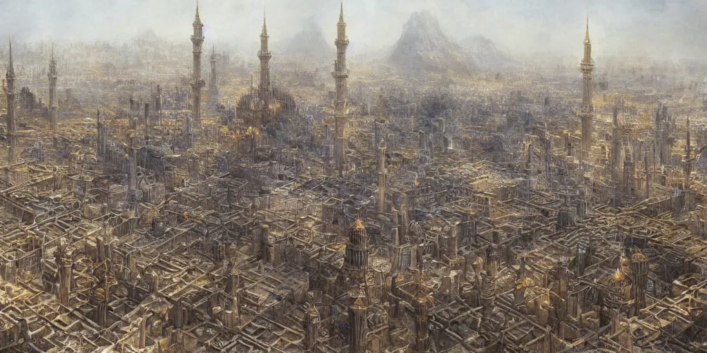 Image similar to a beautiful painting of epic fantasy islamic city by alan lee, trending on artstation