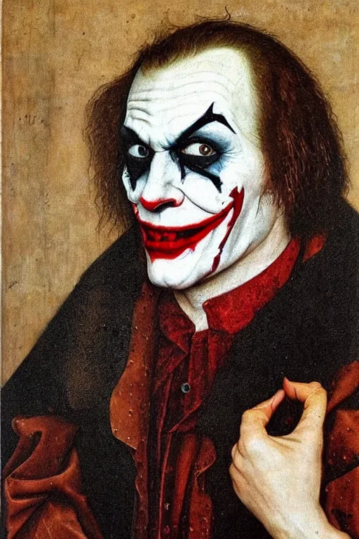 Image similar to portrait of the joker, oil painting by jan van eyck, northern renaissance art, oil on canvas, wet - on - wet technique, realistic, expressive emotions, intricate textures, illusionistic detail