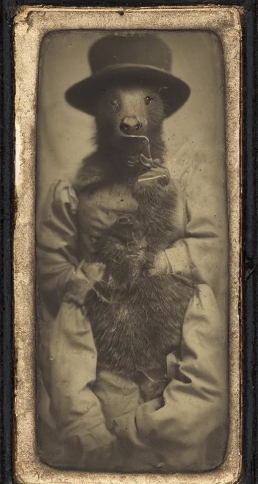 Prompt: daguerreotype portrait of a honey badger as watchmaker in suit and hat, stempunk vintage style, wet collodion, stempunk, sepia, monochrome black and white, artistic photo from late xix century, high resolution, dark atmosphere