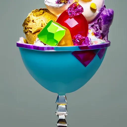 Image similar to an ice cream sundae made out of gems, high clarity gems, elegant and ornate,