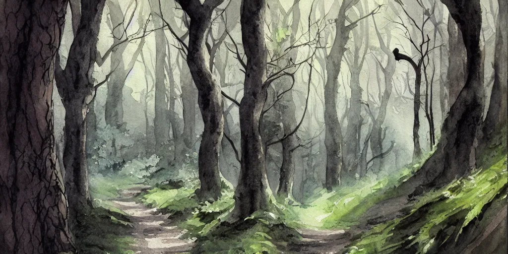 Prompt: path in the forest, leading to a dark cave entrance, exquisite masterpiece watercolor painting, trending on artstation