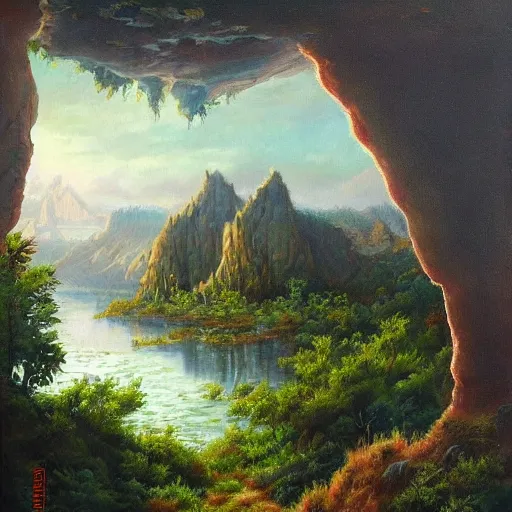 Image similar to painting of a lush natural scene on an alien planet by igor grabar. beautiful landscape. weird vegetation. cliffs and water.