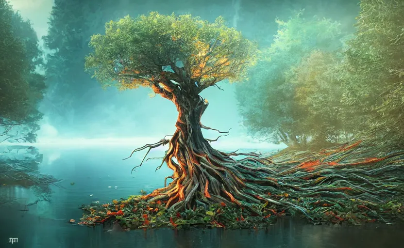 Image similar to twisted root magical tree in the middle of a lake with natural throne, anime inspired, hyper realistic, dramatic lighting, glowing leaves, 8k hdr pixiv dslr photo by Makoto Shinkai ilya kuvshinov and Wojtek Fus, digital art, concept art,