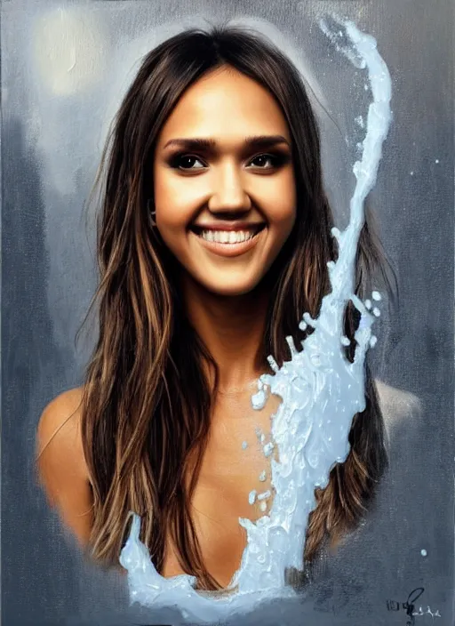 Image similar to portrait painting of jessica alba, toothpaste on concrete, extremely detailed