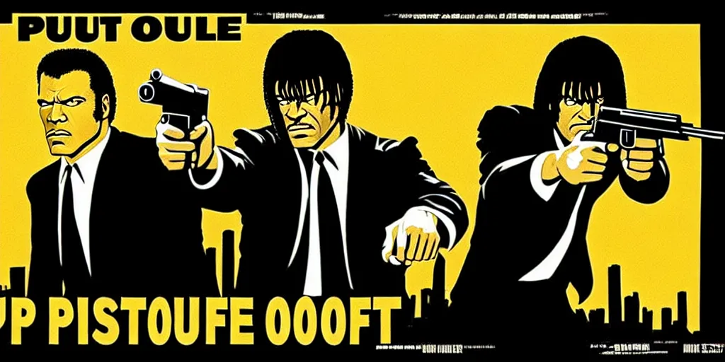 Prompt: pulp fiction poster, gun, motorcycle, poster style,