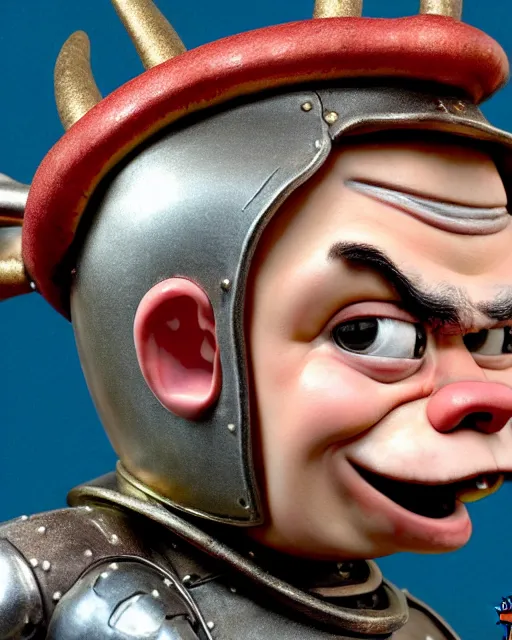 Image similar to highly detailed closeup, face profile portrait of a tin toy matt damon as a medieval demon with horns eating cakes in a castle, hyper realistic, artstation, illustration, nicoletta ceccoli, mark ryden, lostfish, dan decarlo, bob clampett, max fleischer, digital paint, matte paint, vivid colors, detailed and intricate environment