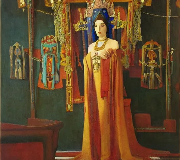 Prompt: an oil painting a queen standing in a throne room by nicholas roerich, by gustave moreau, by james hawe, by frank frazetta, by georgia o keeffe, highly detailed, realistic, realism, manierism, oil painting