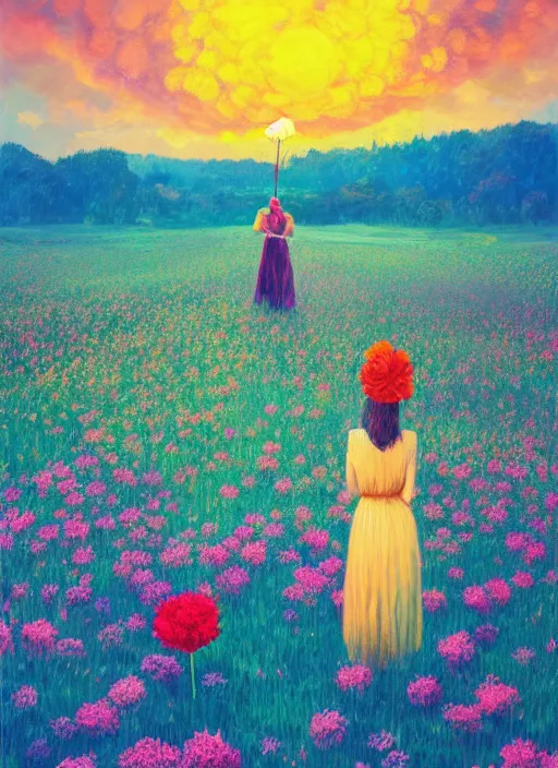 Prompt: woman with a giant carnation head, flower field, surreal photography, sunset dramatic light, impressionist painting, colorful clouds, blue sky, digital painting, artstation, simon stalenhag