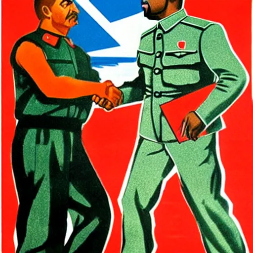Prompt: a majestic soviet propaganda poster of stalin shaking hands with kanye west