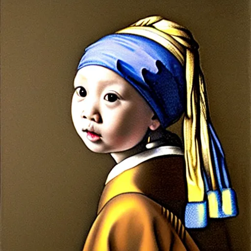 Prompt: A portrait of an Asian baby girl imitating Girl with a Pearl Earring, detailed oil painting, dark color background, by Shimoda, Hikari