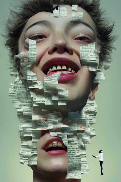 Image similar to 3 d, close - up, laughing fashion model looking up, newspaper, tears, poster art, intricate oil painting, high detail, figurative art, multiple exposure, poster art, 3 d, by stanley kubrick and tooth wu and wlop and beeple