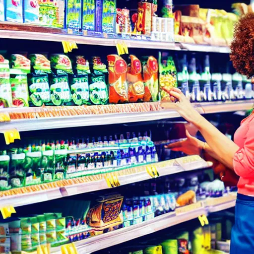 Image similar to a woman in a supermarket trying to reach for something on the top shelf, storybook illustration, monochromatic