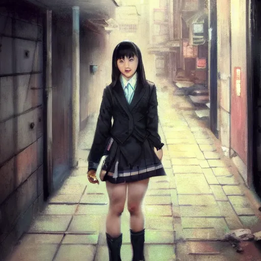 Prompt: a perfect, realistic professional acryl painting of a Japanese schoolgirl posing in a dystopian alleyway, style of Marvel, full length, by a professional American senior artist on ArtStation, a high-quality hollywood-style concept